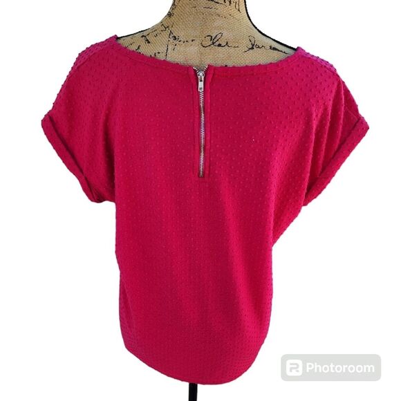 Rose + Olive Swiss Dot Short Sleeve Cuffed Blouse Exposed Zipper Womens SZ Large - Picture 3 of 4